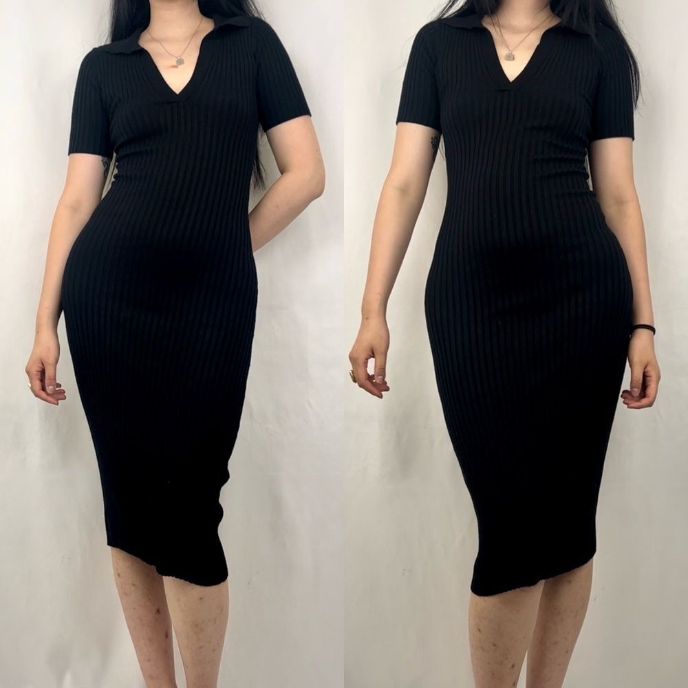 Olivaceous Black Collared Ribbed Bodycon Knit Dress